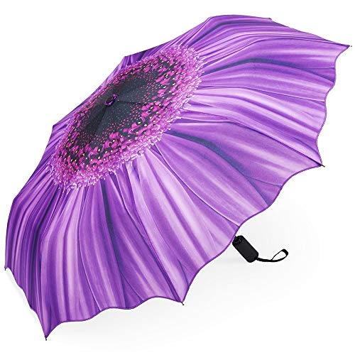YumSur Windproof Travel Umbrellas - Lightweight Automatic Compact Folding Umbrellas Violet Daisy Design, Reinforced Canopy, Auto Open/Close, for Men and Women - Image 2