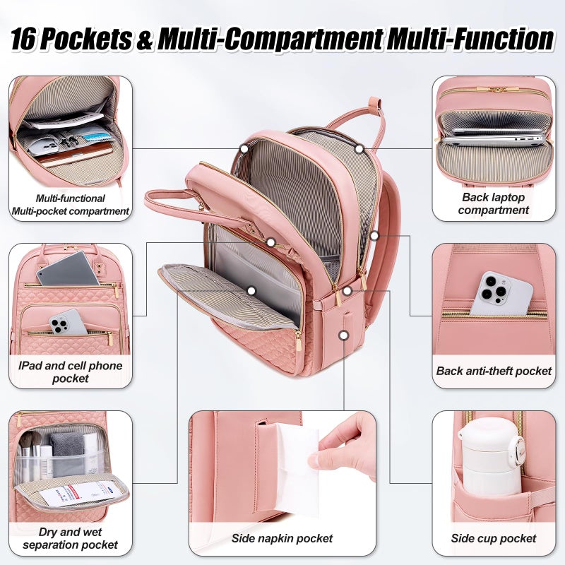 Tealari Laptop Backpack for Women,15.6 Inch Laptop Backpack for Work,Water Resistant Travel Backpack,College Bookbag with Wallet (Pink-1) - Image 4