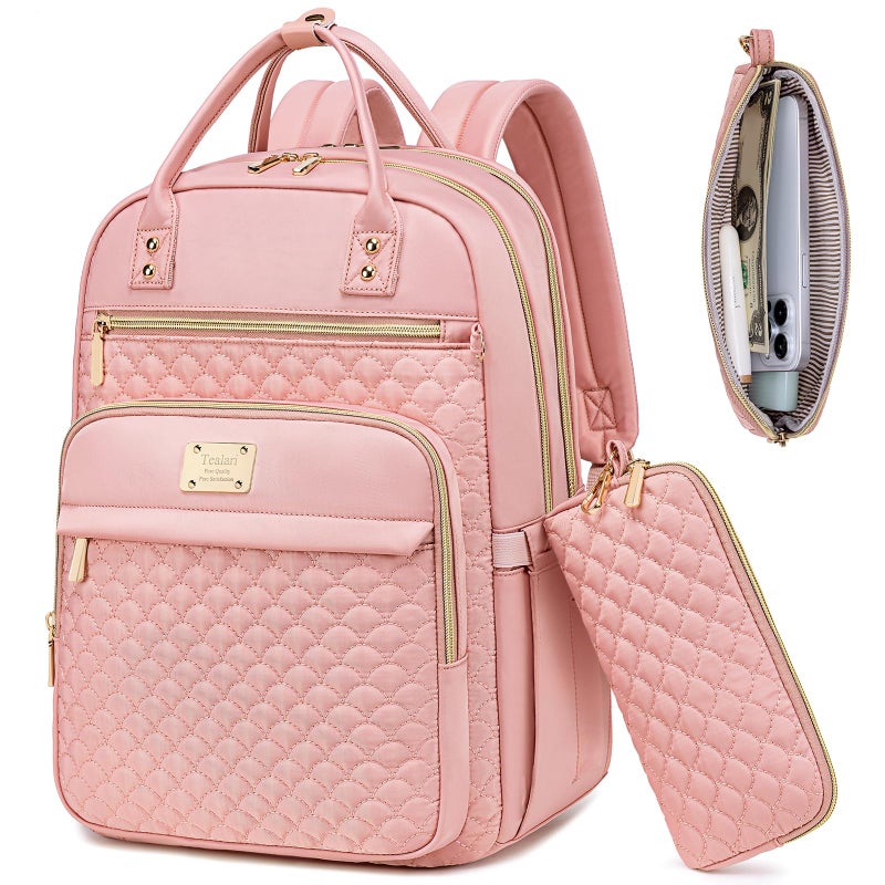 Tealari Laptop Backpack for Women,15.6 Inch Laptop Backpack for Work,Water Resistant Travel Backpack,College Bookbag with Wallet (Pink-1) - Image 1