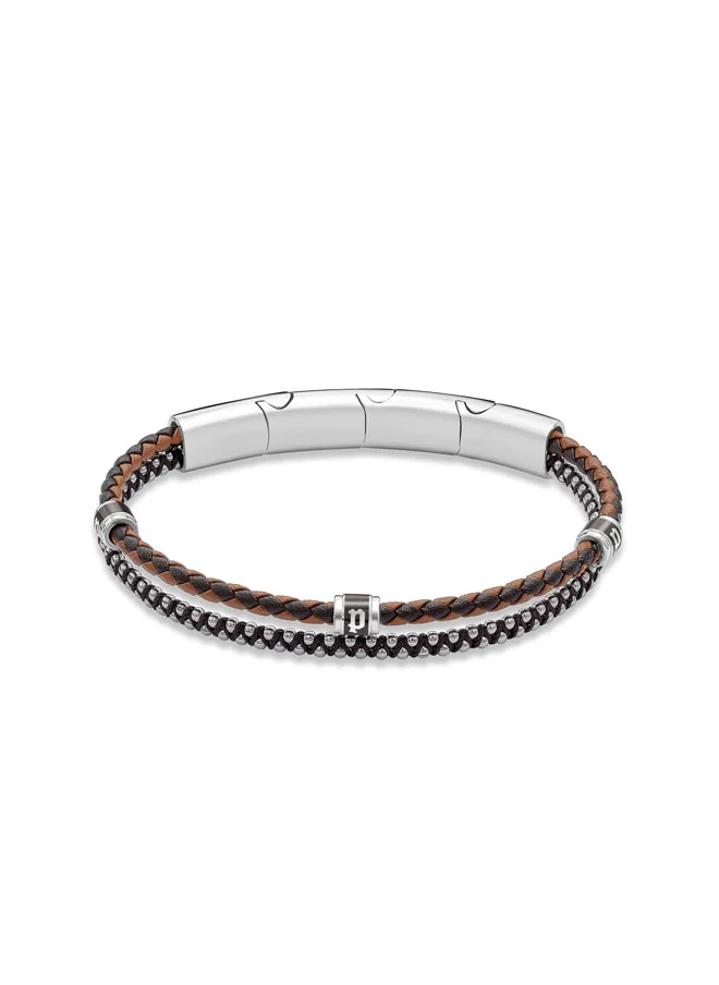 بوليس Twinrow BraceletDouble Row Brown Leather and Cord with Grey-Metal P LogoBold and Iconic Men's Style