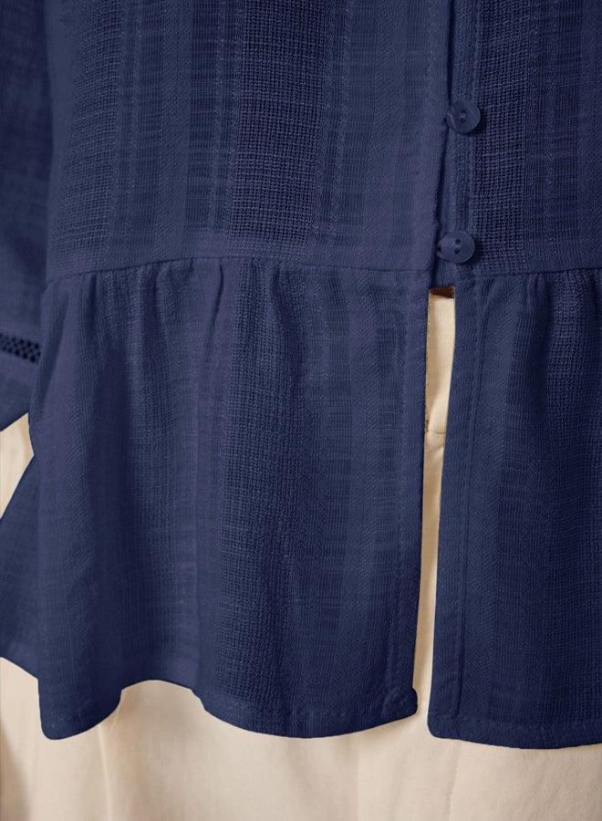 trendyol Navy Blue Cotton Textured Fabric Lacy on the Sleeve Regular Normal Fit Woven Shirt - Image 4