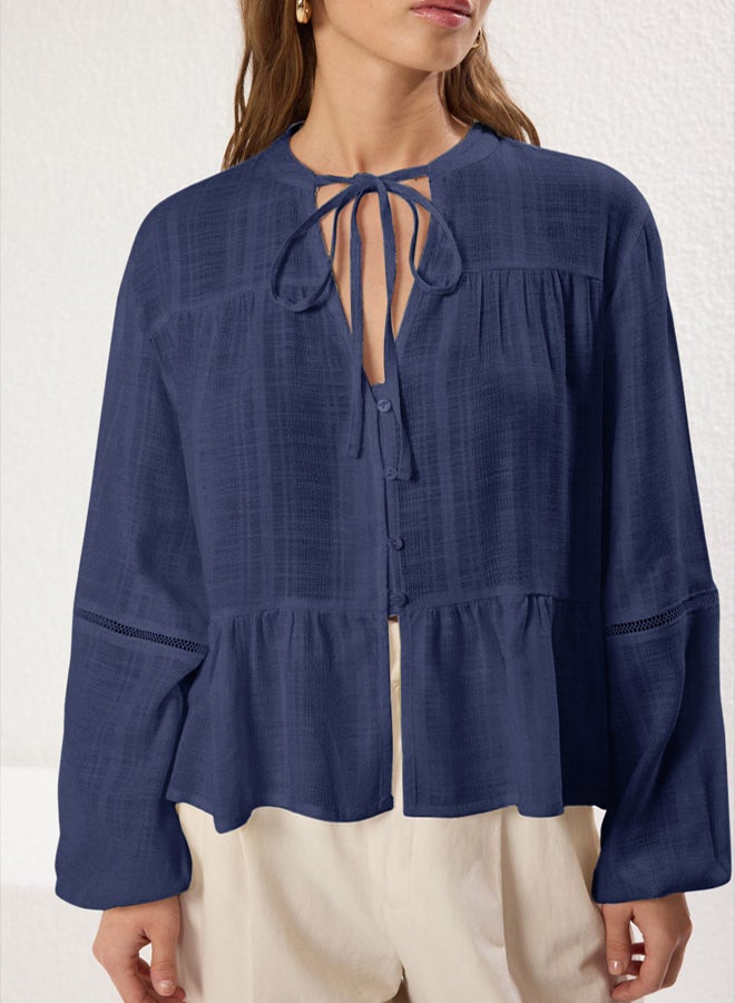 trendyol Navy Blue Cotton Textured Fabric Lacy on the Sleeve Regular Normal Fit Woven Shirt - Image 3