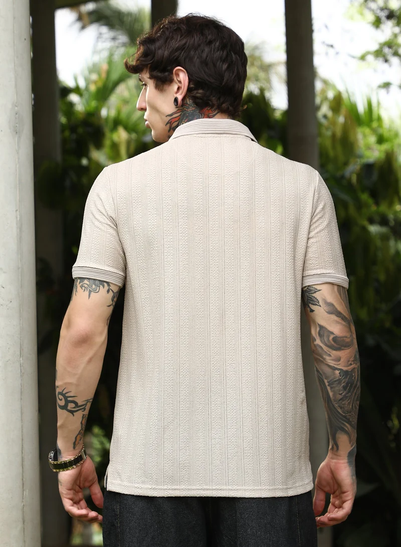 CAHOOT  Men's Ecru Beige Texture-Lined Polo T-Shirt For Casual Wear | Polo Neck | Short Cuffed Sleeves | Half-Button Closure | T-Shirt Crafted With Comfort Fit For Everyday Wear for Men | Best Price UAE