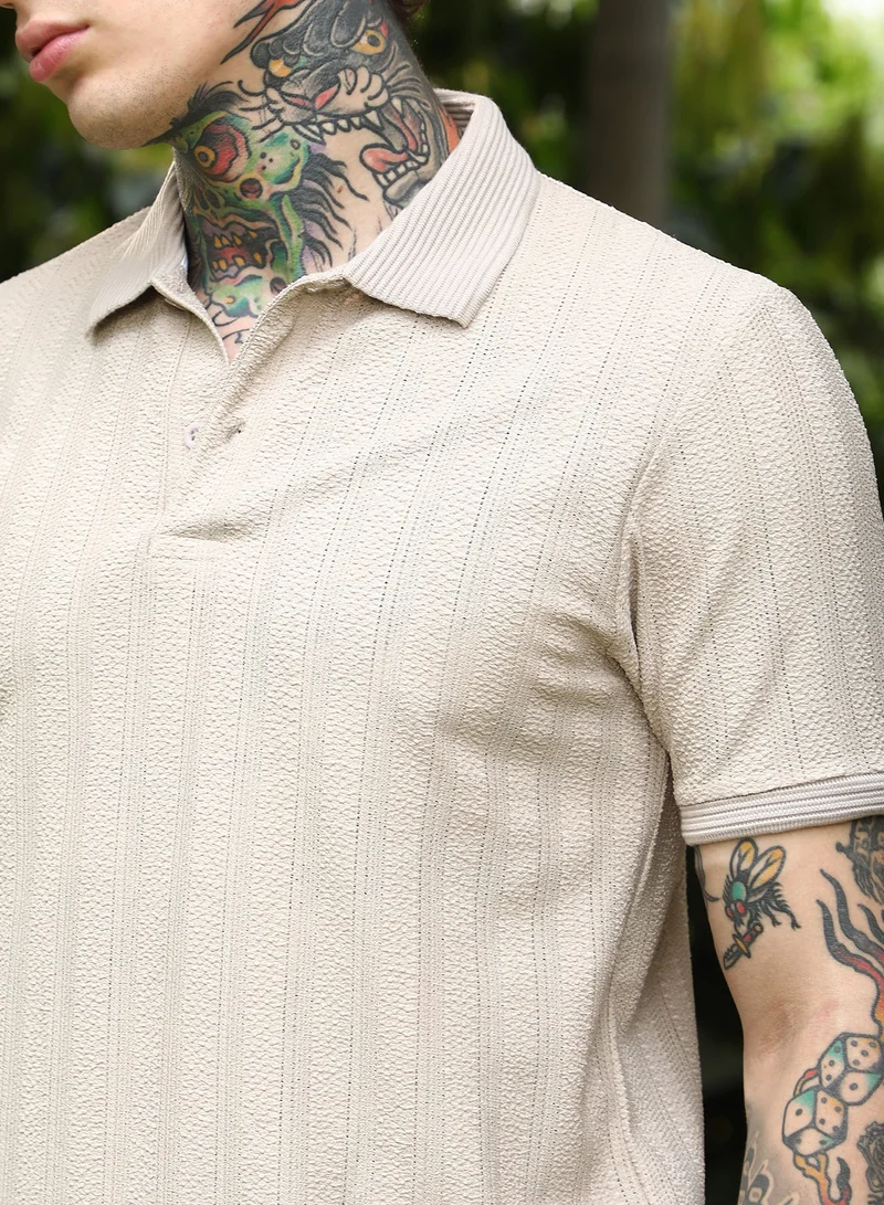 CAHOOT  Men's Ecru Beige Texture-Lined Polo T-Shirt For Casual Wear | Polo Neck | Short Cuffed Sleeves | Half-Button Closure | T-Shirt Crafted With Comfort Fit For Everyday Wear for Men | Best Price UAE