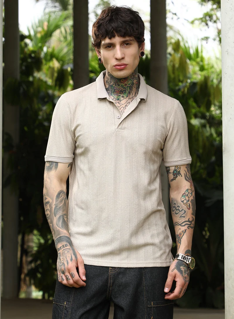 Campus Sutra Men's Ecru Beige Texture-Lined Polo T-Shirt For Casual Wear | Polo Neck | Short Cuffed Sleeves | Half-Button Closure | T-Shirt Crafted With Comfort Fit For Everyday Wear