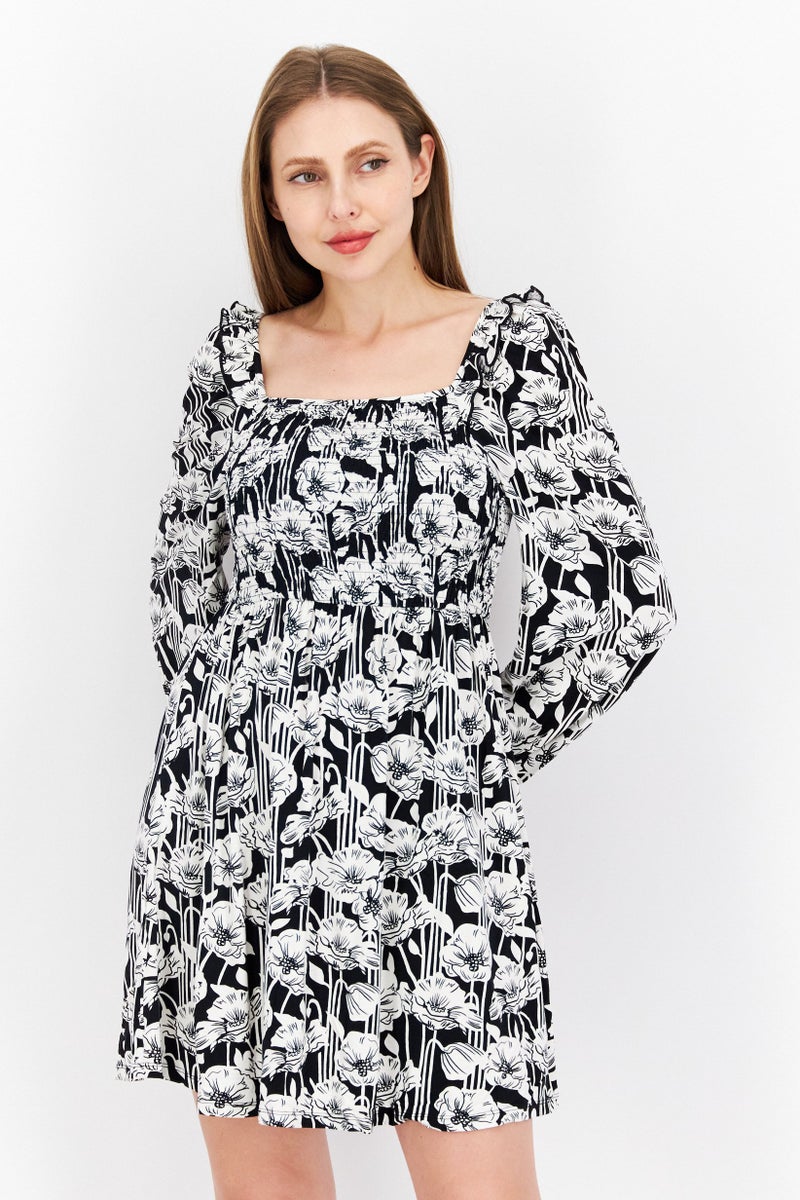 RIVER ISLAND Women Allover Print Long Sleeves  Mini Dress, White Combo - Image 1