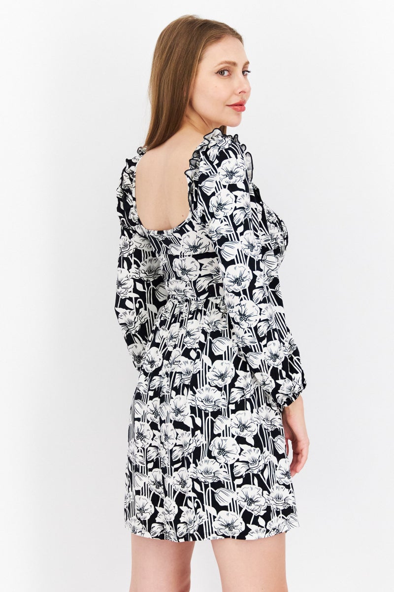 RIVER ISLAND Women Allover Print Long Sleeves  Mini Dress, White Combo - Image 3