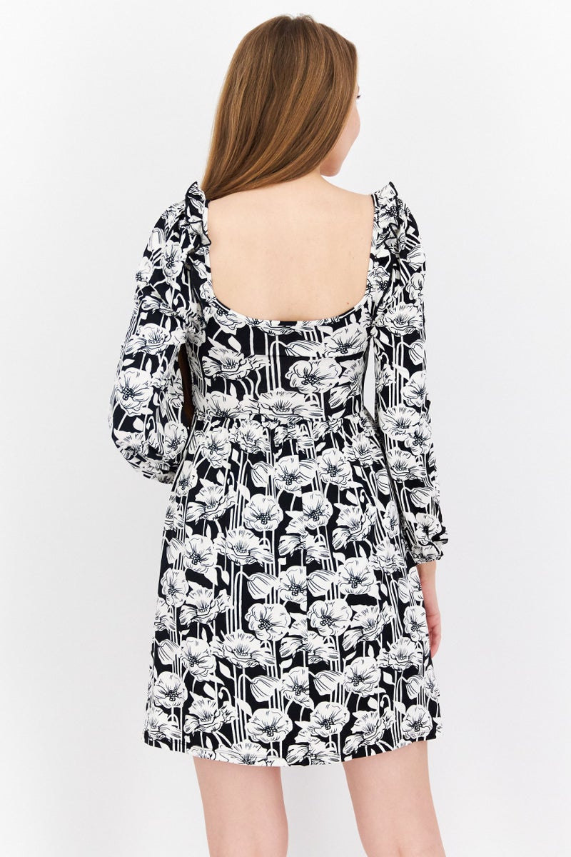 RIVER ISLAND Women Allover Print Long Sleeves  Mini Dress, White Combo - Image 4