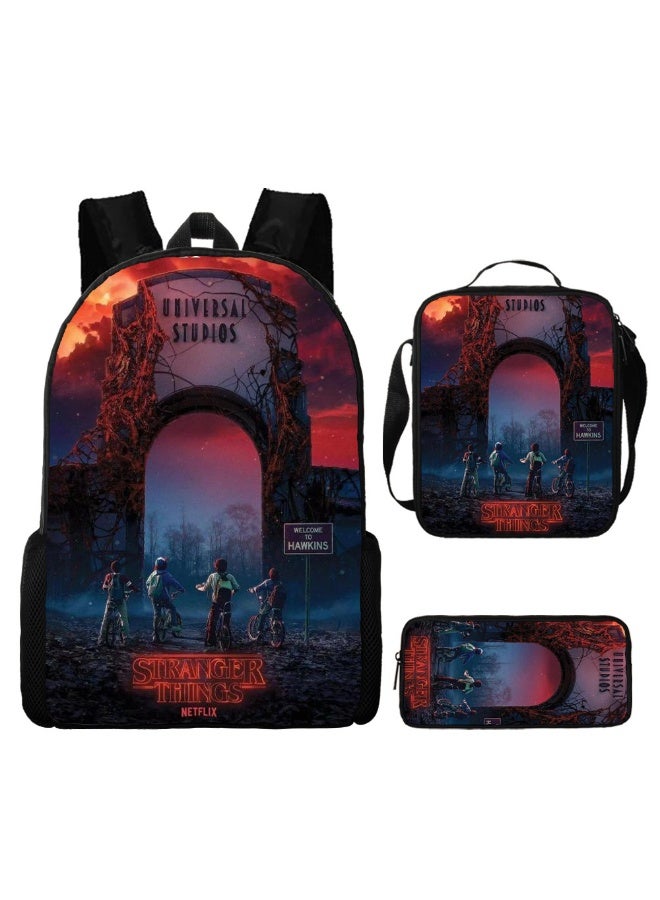 سترانجر ثينكينج طقم حقيبة ظهر Stranger Things المكون من 3 قطع يشمل حقيبة ظهر وحقيبة كروس ومقلمة للطلاب من المعجبين بعدة حجرات - Image 1