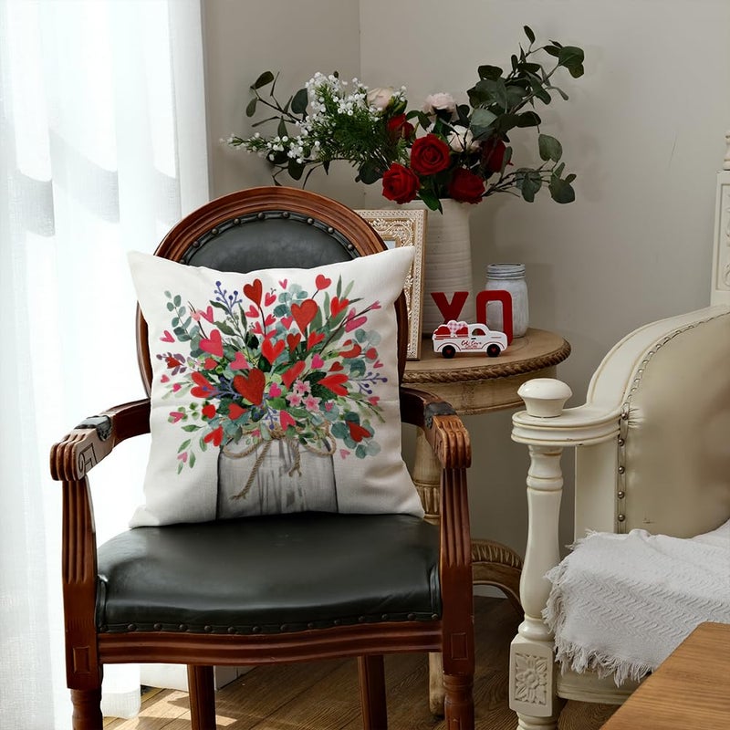 AACORS Valentines Day Pillow Cover 18X18 Inch Vase Heart Floral Decor Holiday Farmhouse Pillow Case Gifts Decoration for Home Sofa Couch AA300-18 - Image 5