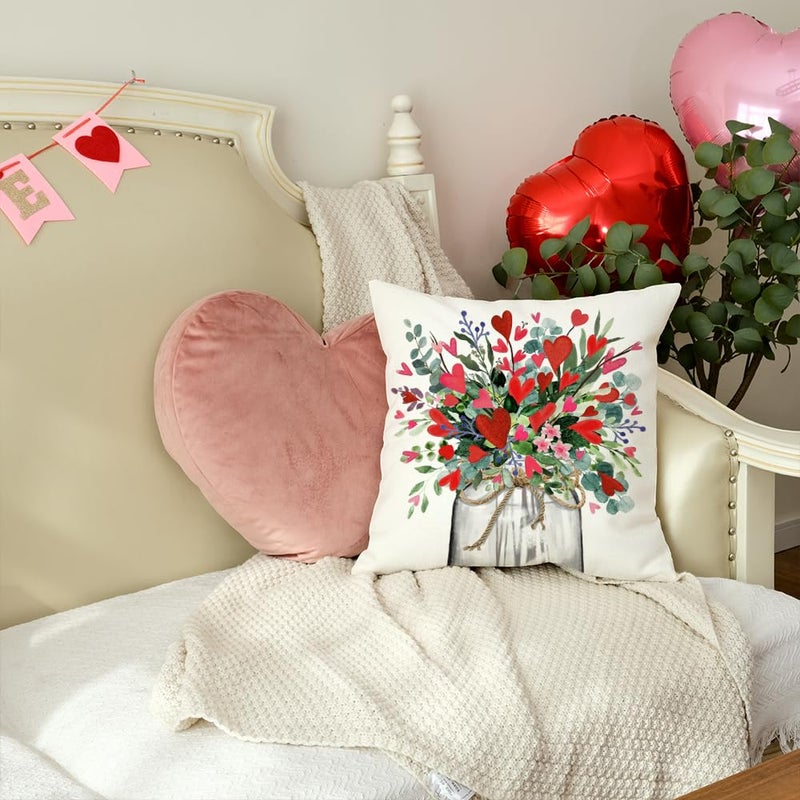 AACORS Valentines Day Pillow Cover 18X18 Inch Vase Heart Floral Decor Holiday Farmhouse Pillow Case Gifts Decoration for Home Sofa Couch AA300-18 - Image 3