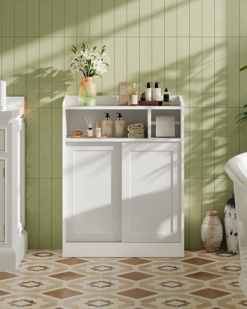 CHOEZON Slim Bathroom Storage Cabinet, Bathroom Floor Cabinet, Storage Organizer with Toilet Paper Holder, Sliding Doors and Adjustable Shelf, for Small Spaces, Bathroom, Living Room, Kitchen, White - Image 2