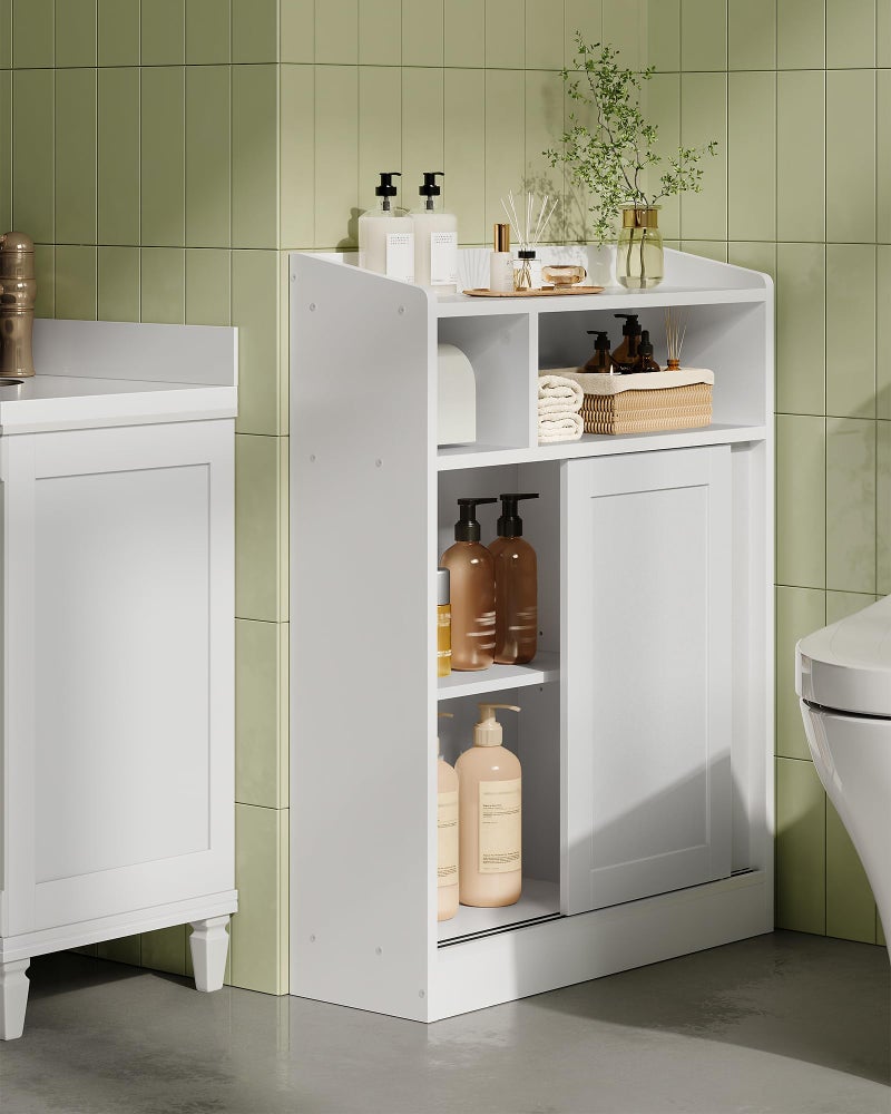 CHOEZON Slim Bathroom Storage Cabinet, Bathroom Floor Cabinet, Storage Organizer with Toilet Paper Holder, Sliding Doors and Adjustable Shelf, for Small Spaces, Bathroom, Living Room, Kitchen, White - Image 4
