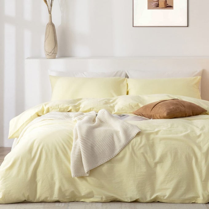 KING DUVET COVER SET 100 WASHED COTTON 3 PCS SOFT COMFY BREATHABLE CHIC LINEN FEEL BEDDING 1 DUVET COVER AND 2 PILLOW SHAMS PALE YELLOW