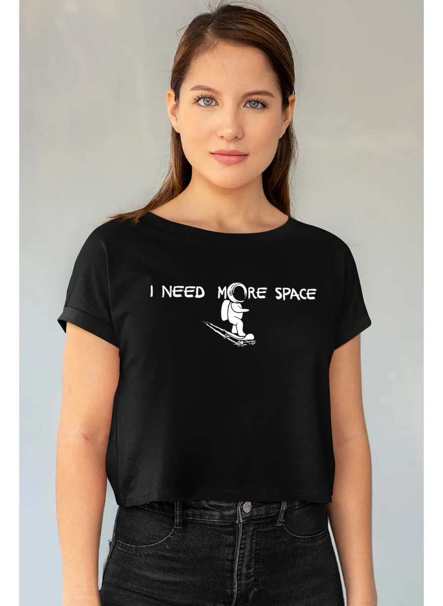 Rock&Roll Skateboarding in Space Black Crop Top Women's T-Shirt