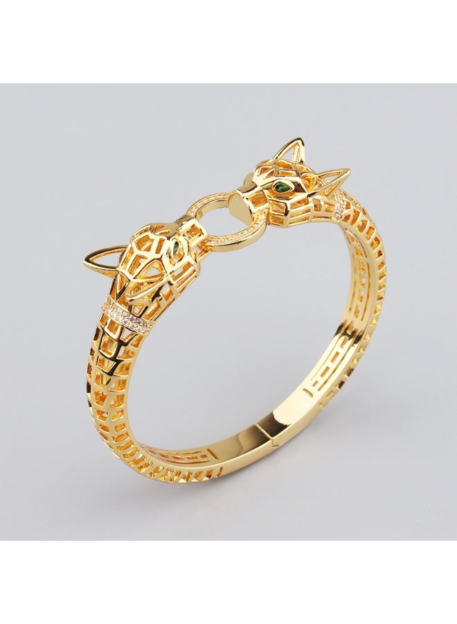 Vintage Double-Headed Panther with Green Eyes and Hollow Micro-Inlaid Zirconia (Gold), Uni - Image 1