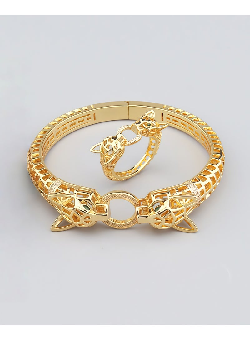 Vintage Double-Headed Panther with Green Eyes and Hollow Micro-Inlaid Zirconia (Gold), Uni - Image 2