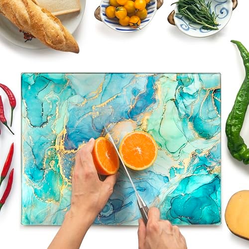 Kitchenville Glass Cutting Board 16"x12": Tempered Glass Kitchen Counter Protector - Durable- Scratch-Resistant, Heat-Proof - Design 9 - Teal Ocean - Image 1