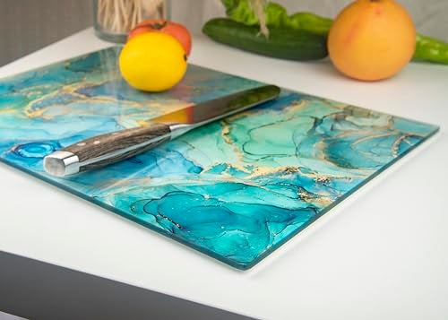 Kitchenville Glass Cutting Board 16"x12": Tempered Glass Kitchen Counter Protector - Durable- Scratch-Resistant, Heat-Proof - Design 9 - Teal Ocean - Image 5