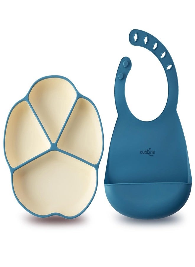 CUBKINS Silicone Suction Feeding Plate + Bib for Babies, Infants | Plate with Four Compartments for Kids, Toddlers | Washable & Reusable, Non-Messy Easy to Clean Adjustable Bib (Blue Olive) - Image 1