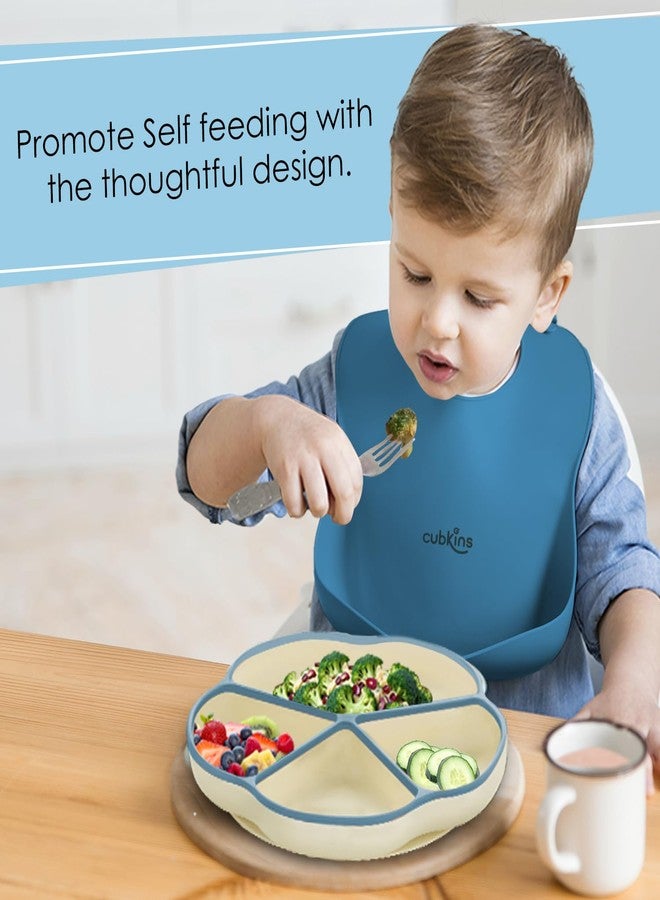 CUBKINS Silicone Suction Feeding Plate + Bib for Babies, Infants | Plate with Four Compartments for Kids, Toddlers | Washable & Reusable, Non-Messy Easy to Clean Adjustable Bib (Blue Olive) - Image 2