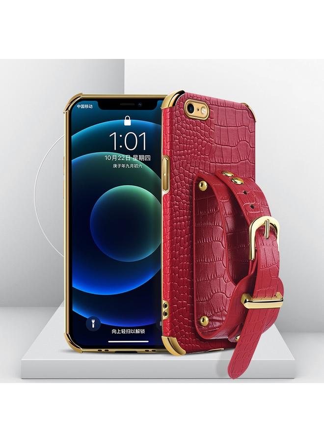 S-TOP Case For iPhone SE 2022 / SE 2020 / 8 / 7 Electroplated TPU Crocodile Pattern Leather Case with Wrist Strap - Image 1