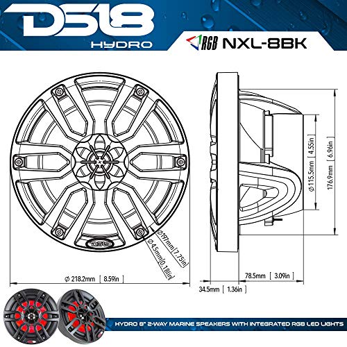 DS18 Hydro NXL-8 - High End Coaxial Speaker Pair - 2-Way Marine Speaker w/Integrated RGB Lights - 375 Watts Peak Power - 100% UV Stable - Water Resistant Speakers - 8 Inches, Black - Image 3
