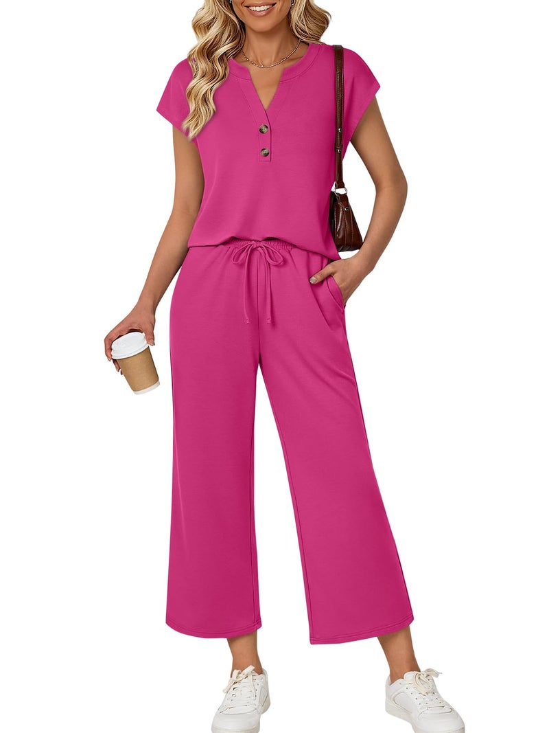 LILLUSORY Two Piece Lounge Sets for Women Spring Vacation Beach Travel Airport Outfits Casual Cruise Fashion 2026 Hot Pink XL - Image 1