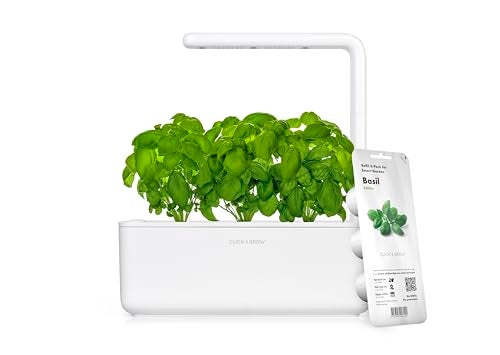 CLICK AND GROW طقم حديقة الأعشاب الداخلية Click & Grow مع ضوء نمو | حديقة ذكية لمطبخ المنزل على حافة النافذة | أسهل من نظام الزراعة المائية | مجموعة بدء زراعة الخضروات (تتضمن 3 كبسولات ريحان)، أبيض - Image 1