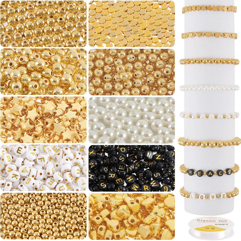 Whaline 1500Pcs Silver Bead Making Kit 3 Sizes Round Spacer Beads White Pearl Beads Silver Ball Heart Star Flat Beads Alphabet Letter Bead with Elastic String for DIY Jewelry Making Necklace Bracelet