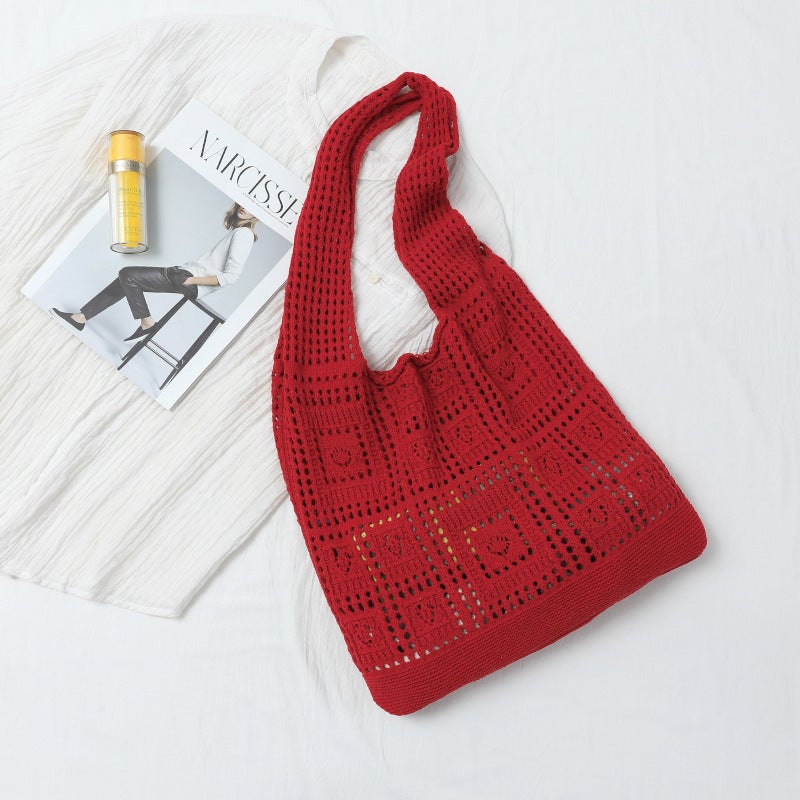 New Knitted Mesh Tote Bag Vintage Womens Shoulder openwork red bag 