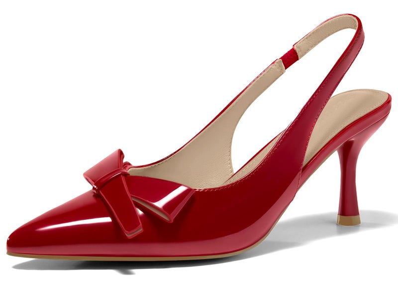 Coutgo Womens Slingback Kitten Heels Bow Closed Pointed Toe Pumps Slip on Office Work Dress Shoes Red - Image 3