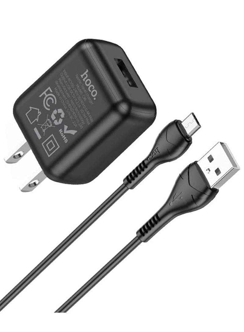 Hoco C96 Wall charger Single Port ( 5V/2.1A ) with Cable Micro 1M , US Plug Protocols Compatible with iPhone Samsung Xiaomi Oppo Huawei - Black - Image 1