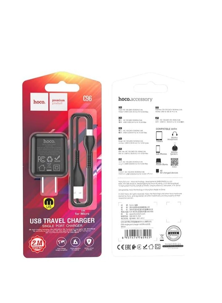 Hoco C96 Wall charger Single Port ( 5V/2.1A ) with Cable Micro 1M , US Plug Protocols Compatible with iPhone Samsung Xiaomi Oppo Huawei - Black - Image 2