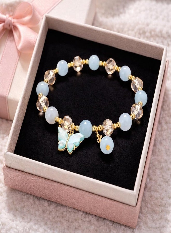 SUKHAD Sky Blue Butterfly Charm Bracelet for Women & Girls | Crystal Beaded Stretch Bracelet | Cute Butterfly Jewelry | Fashion Gift Bracelet for Girls - Image 2