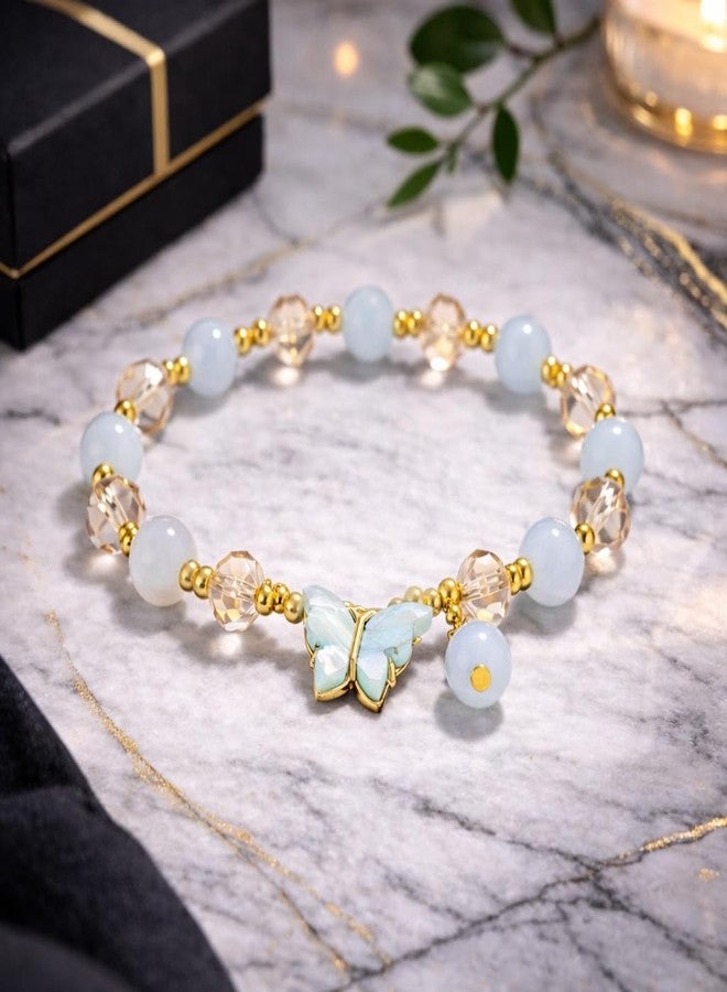 SUKHAD Sky Blue Butterfly Charm Bracelet for Women & Girls | Crystal Beaded Stretch Bracelet | Cute Butterfly Jewelry | Fashion Gift Bracelet for Girls - Image 3