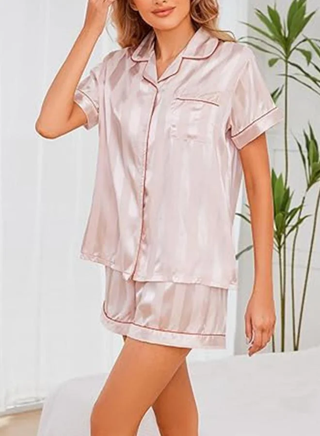 Take Two Light Pink Light Pink Striped Pattern Piping Shirt and Shorts Set for Women | Best Price UAE