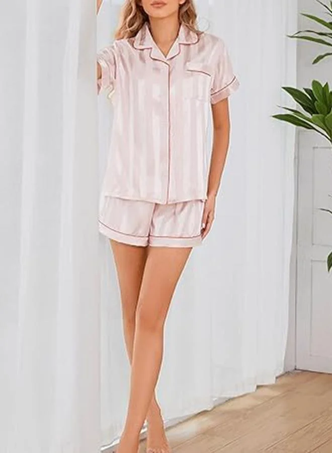 Take Two Light Pink Light Pink Striped Pattern Piping Shirt and Shorts Set for Women | Best Price UAE