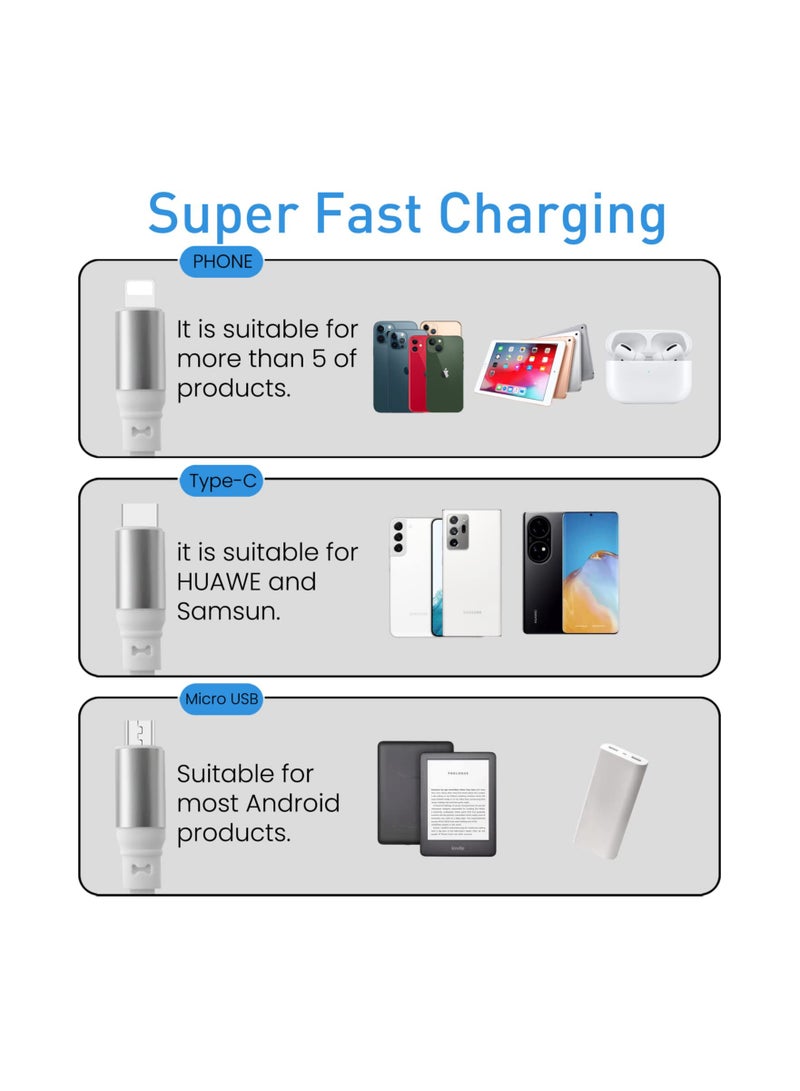 KASTWAVE Retractable Multiple Charger Cable, 3 in 1 Super Fast Charging Cable (IP/USB C/Micro USB), 3.3Ft Multi Cable Fast Charger Cord for iPhone, Samsung, iPad, Tablets, Green Marble - Image 5