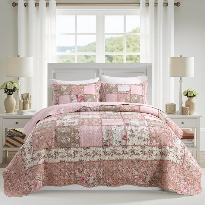 QUILT SET KING SIZE COTTON PATCHWORK PINK FLORAL QUILT SETS REAL STITCHED EMBROIDERY BEDSPREAD LIGHTWEIGHT AND BREATHABLE FOR ALL SEASONS SOFT QUILTED WITH 2 PILLOW SHAMS