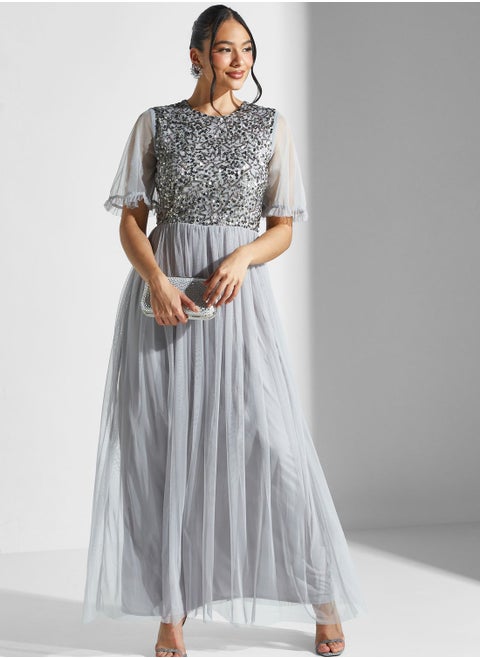 Flared Sleeve Embellished Plisse Dress