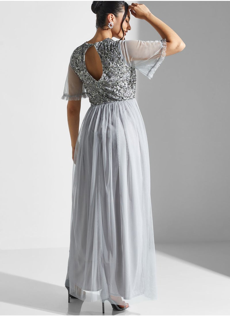 Lace and Beads - Flared Sleeve Embellished Plisse Dress - Image 1