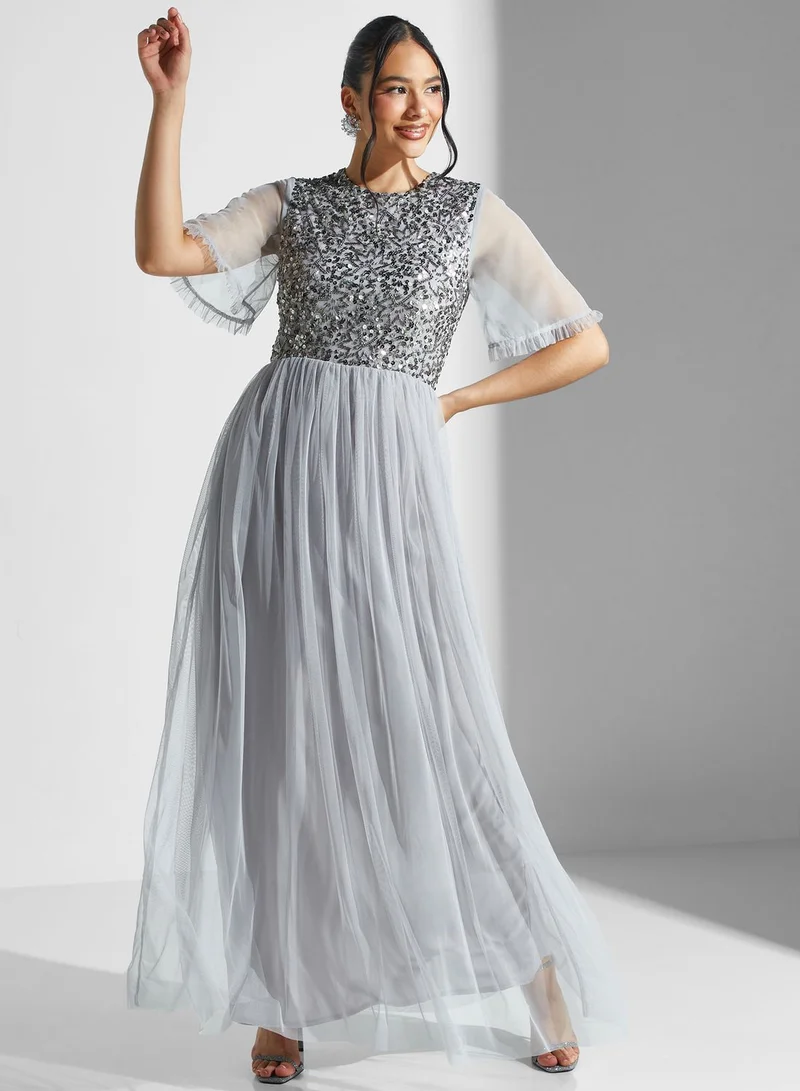 Lace and Beads Flared Sleeve Embellished Plisse Dress