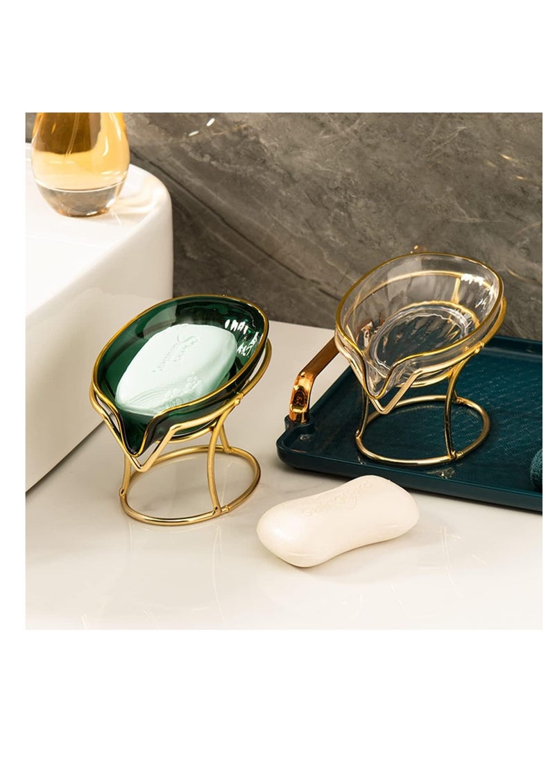 ECVV حامل صابون إبداعي من ECVV مع تصريف ذاتي لحامل المجوهرات وصينية الإسفنج وصواني صابون بإطار ذهبي للاستحمام، الحمام، ديكور المنزل، ملحقات مطبخ الاستحمام بشكل ورقة (شفاف أبيض) - Image 2