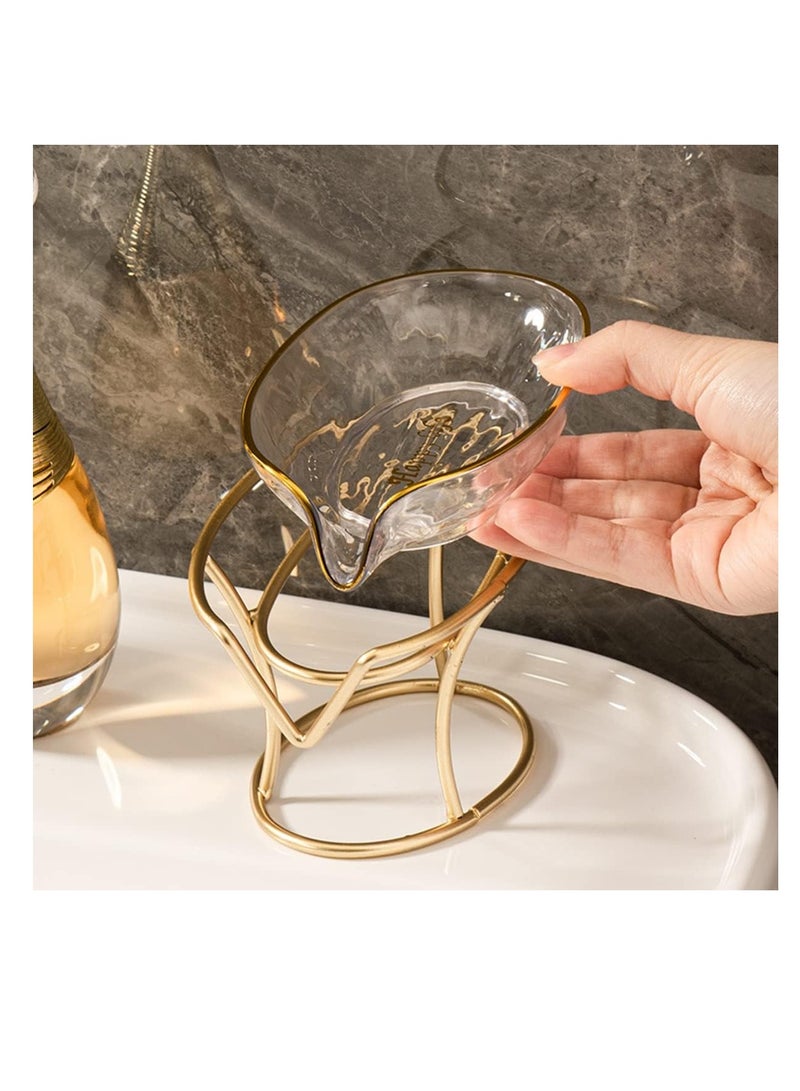 ECVV حامل صابون إبداعي من ECVV مع تصريف ذاتي لحامل المجوهرات وصينية الإسفنج وصواني صابون بإطار ذهبي للاستحمام، الحمام، ديكور المنزل، ملحقات مطبخ الاستحمام بشكل ورقة (شفاف أبيض) - Image 3