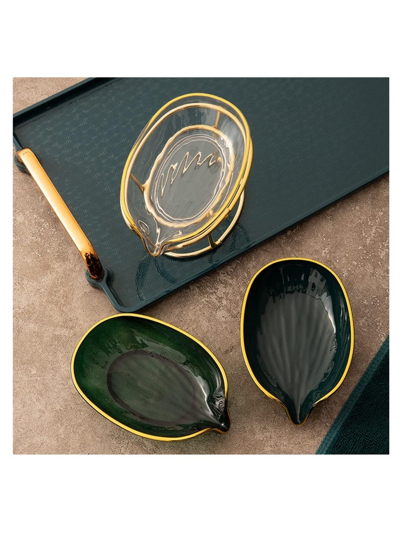 ECVV حامل صابون إبداعي من ECVV مع تصريف ذاتي لحامل المجوهرات وصينية الإسفنج وصواني صابون بإطار ذهبي للاستحمام، الحمام، ديكور المنزل، ملحقات مطبخ الاستحمام بشكل ورقة (شفاف أبيض) - Image 4