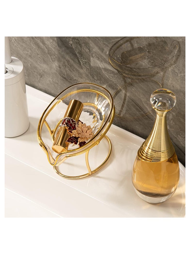 ECVV حامل صابون إبداعي من ECVV مع تصريف ذاتي لحامل المجوهرات وصينية الإسفنج وصواني صابون بإطار ذهبي للاستحمام، الحمام، ديكور المنزل، ملحقات مطبخ الاستحمام بشكل ورقة (شفاف أبيض) - Image 5