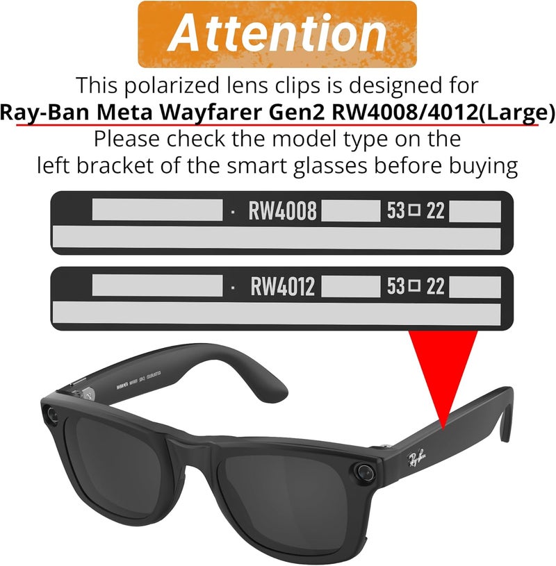 RCstyle HiBloks Polarized Clip-on Compatible with Ray-Ban Meta Wayfarer RW4008 & Gen 2 RW4012 Large 53-22, Matte Black Frame Discoloration Clip for Rayban Meta Gen 2 Accessories (Black) - Image 2