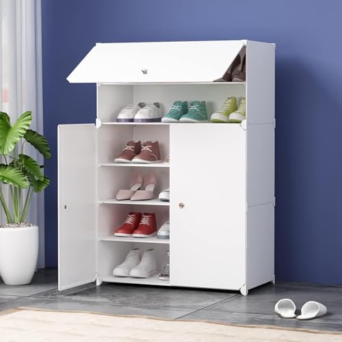 KEEKOS Shoe Rack Multipurpose 5 Shelves Shoe Rack with Zip Door Cover & Side Pockets, Multiuse Wide Shelve,Rack for Footwear, Toys, Clothes (Milky White, 6-Layer) - Image 1