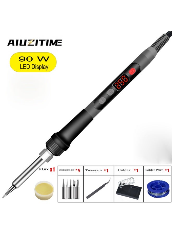 AIUZITIME 10 Packs Soldering Iron Kit, 90W Soldering Iron Pen with Adjustable Temperature, LED Display, ON/OFF Switch, 5 Tips, Solder Wire, Stand, Paste, Tweezer - Image 1